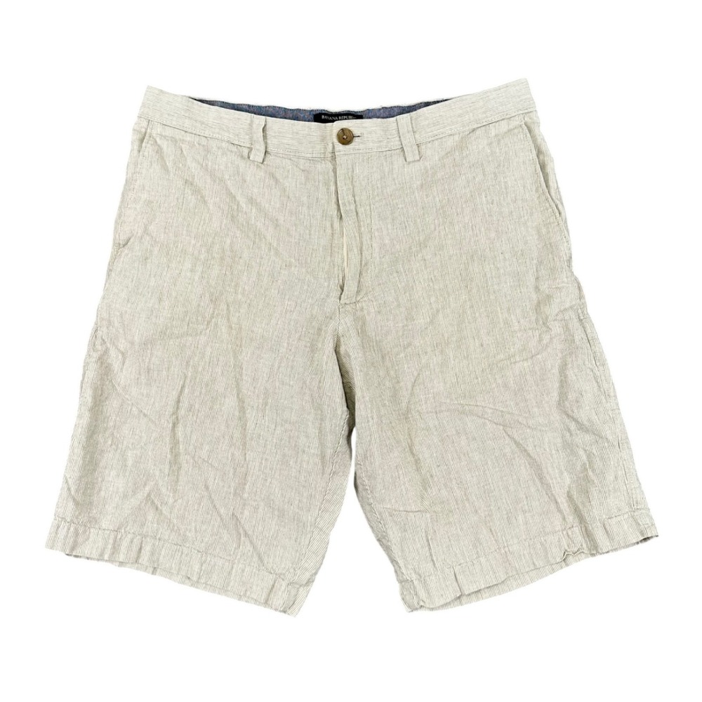 Banana Republic Linen Blend Shorts Mens 33 10" Beige Stripe Casual Flat Front
